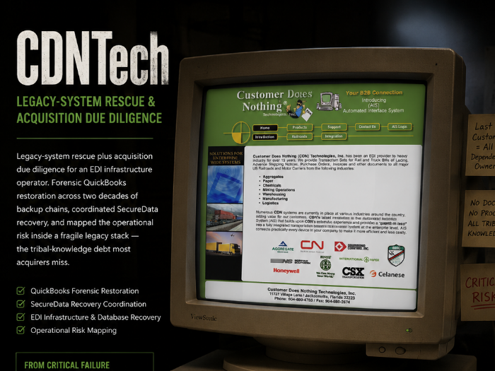 CDNTech legacy-system rescue and acquisition due diligence — forensic QuickBooks restoration and operational risk mapping