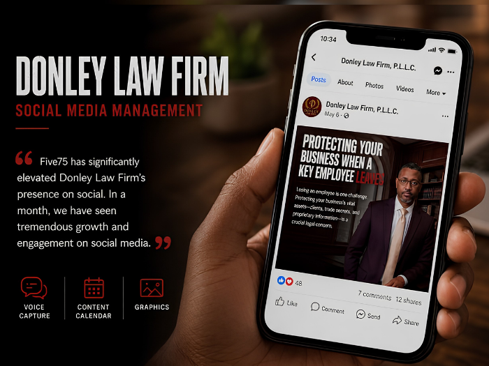 Donley Law Firm social media management — voice capture, content calendar, branded post graphics shown on mobile