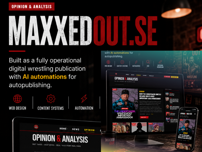 MaxxedOut.se editorial site shown on desktop and mobile — sports-entertainment publication with AI publishing automation